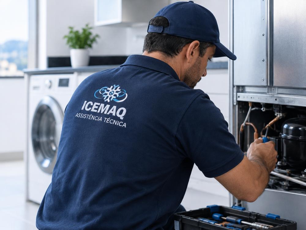 Técnico da ICEMAQ realizando assistência técnica em eletrodoméstico
